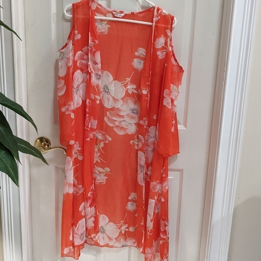 Measeor Floral Cold Shoulder Coral/White Duster/Kimono Size Small
